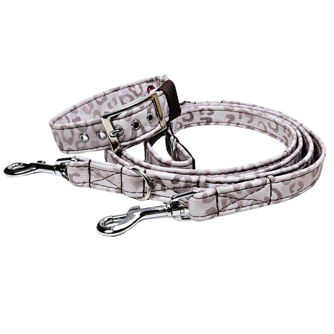 Sofortkauf-Hundehalsband-Leinen-Set "Softshell" Leo-beige-grau