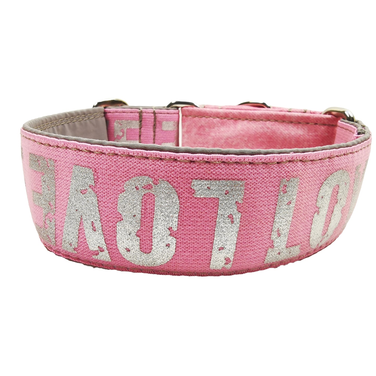 Hundehalsband Lederhalsband Paracord Zugstopp-Halsband Martingale Hundeleine Leine Lederleine Fettlederleine breites Halsband Klickverschluss Rollschnalle Ersatzbezug Flocke Hundebett Cosybed Hyggebed Donut Hundebett Flocke hundeschlafsack Hundedecke Hund Hunde Windhund luxus elegant exklusiv bequem handmade in Deutschland NRW Schriftzug LOVE rosa geplstert