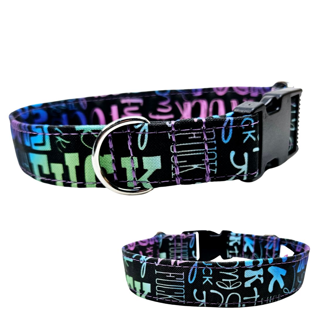 Hundehalsband mit Klickverschluss aus schwarzem Acetal aus wasserabweisendem Outdoorstoff mit Fuck Rainbow Multi Design in grün blau rosa und silbernen Beschlägen nach Maß von Angy's DogDesign