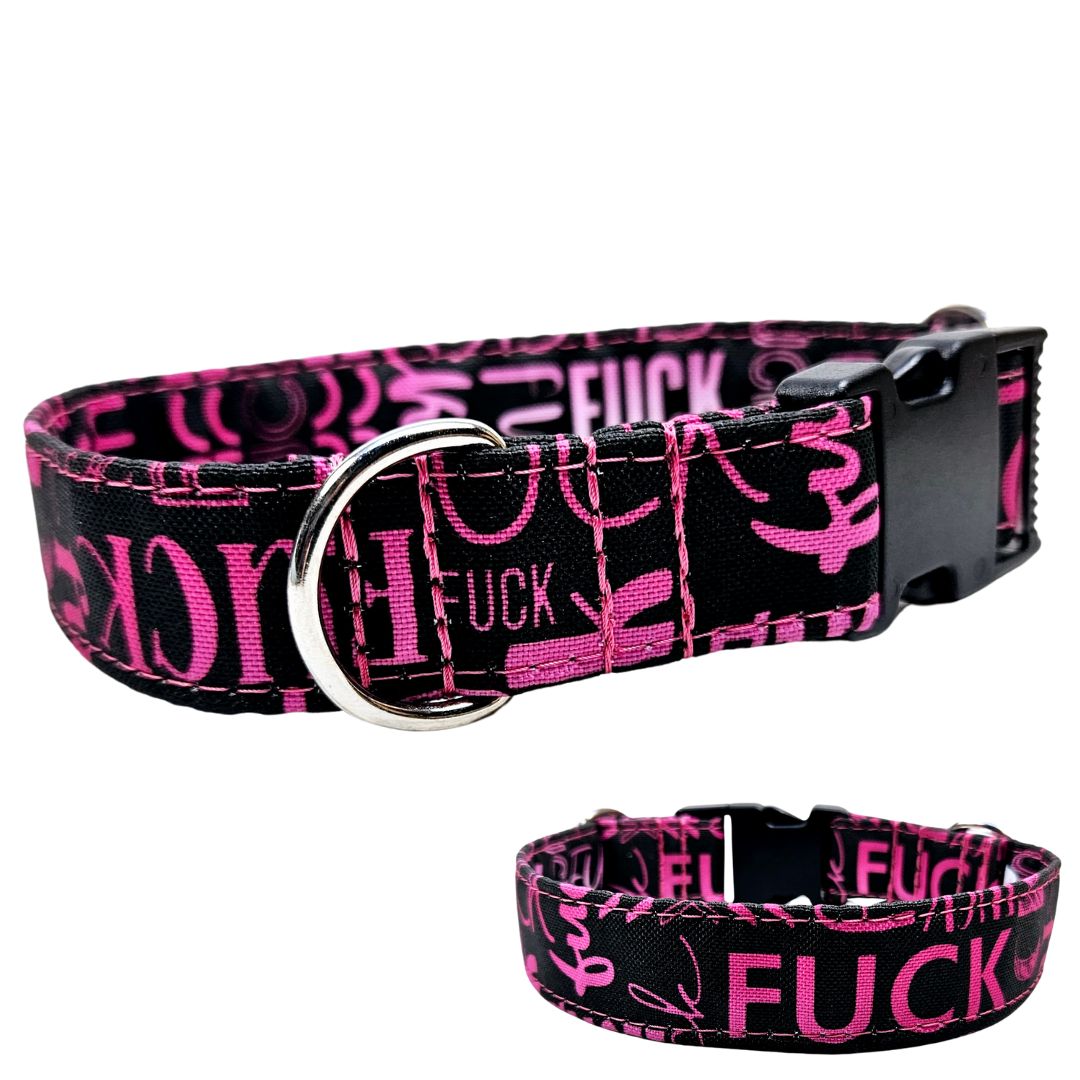 Hundehalsband mit Klickverschluss aus schwarzem Acetal aus wasserabweisendem Outdoorstoff mit Fuck Pink Design und silbernen Beschlägen nach Maß von Angy's DogDesign