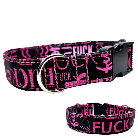 Hundehalsband mit Klickverschluss aus schwarzem Acetal aus wasserabweisendem Outdoorstoff mit Fuck Pink Design und silbernen Beschlägen nach Maß von Angy's DogDesign