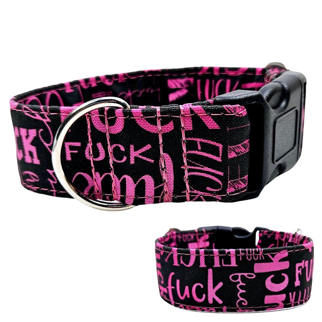 Hundehalsband mit Klickverschluss aus schwarzem Acetal aus wasserabweisendem Outdoorstoff mit Fuck Pink Design und silbernen Beschlägen nach Maß von Angy's DogDesign