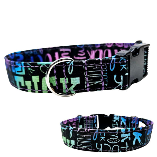 Hundehalsband mit Klickverschluss aus schwarzem Acetal aus wasserabweisendem Outdoorstoff mit Fuck Rainbow Multi Design in grün blau rosa und silbernen Beschlägen nach Maß von Angy's DogDesign