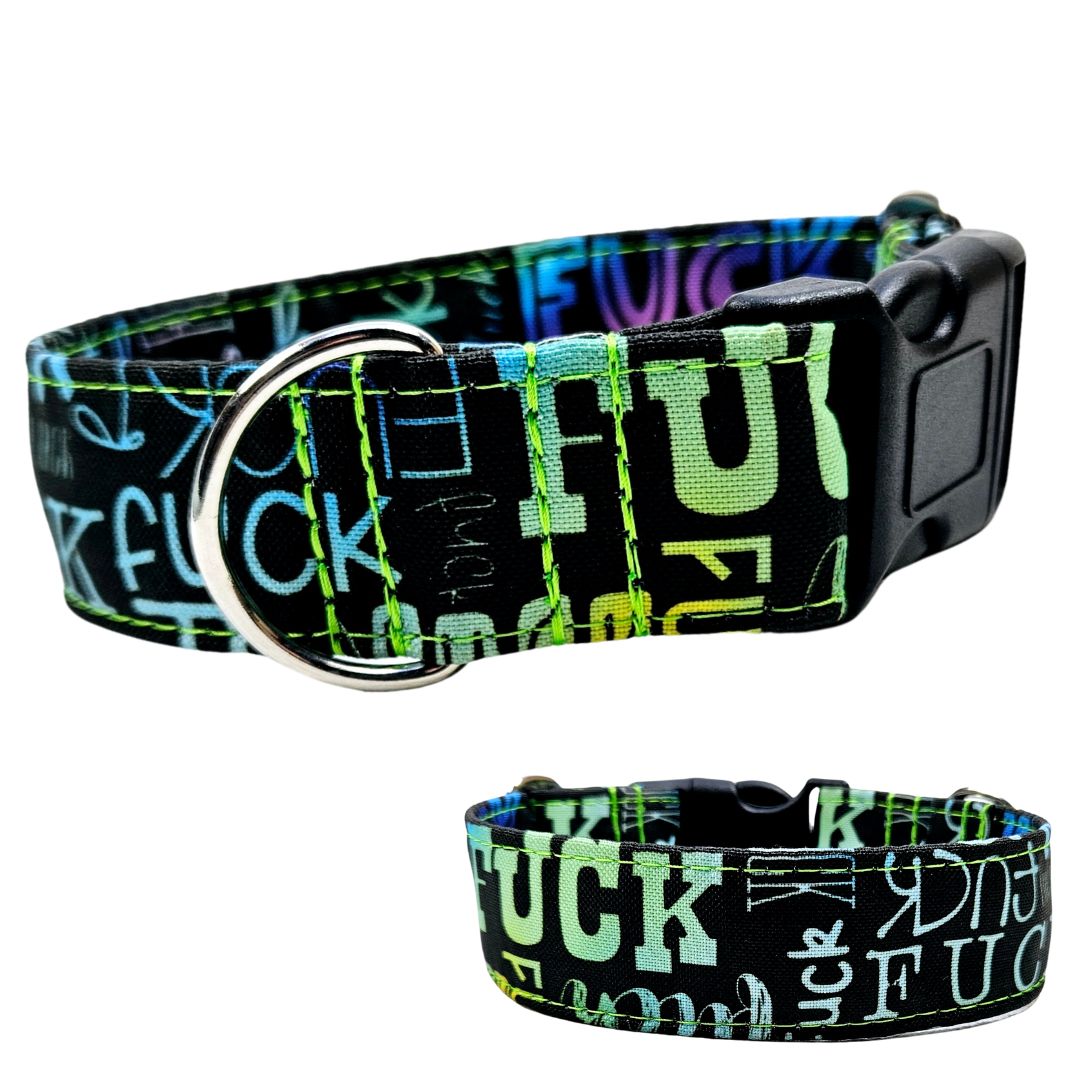 Hundehalsband mit Klickverschluss aus schwarzem Acetal aus wasserabweisendem Outdoorstoff mit Fuck Rainbow Design und silbernen Beschlägen nach Maß von Angy's DogDesign