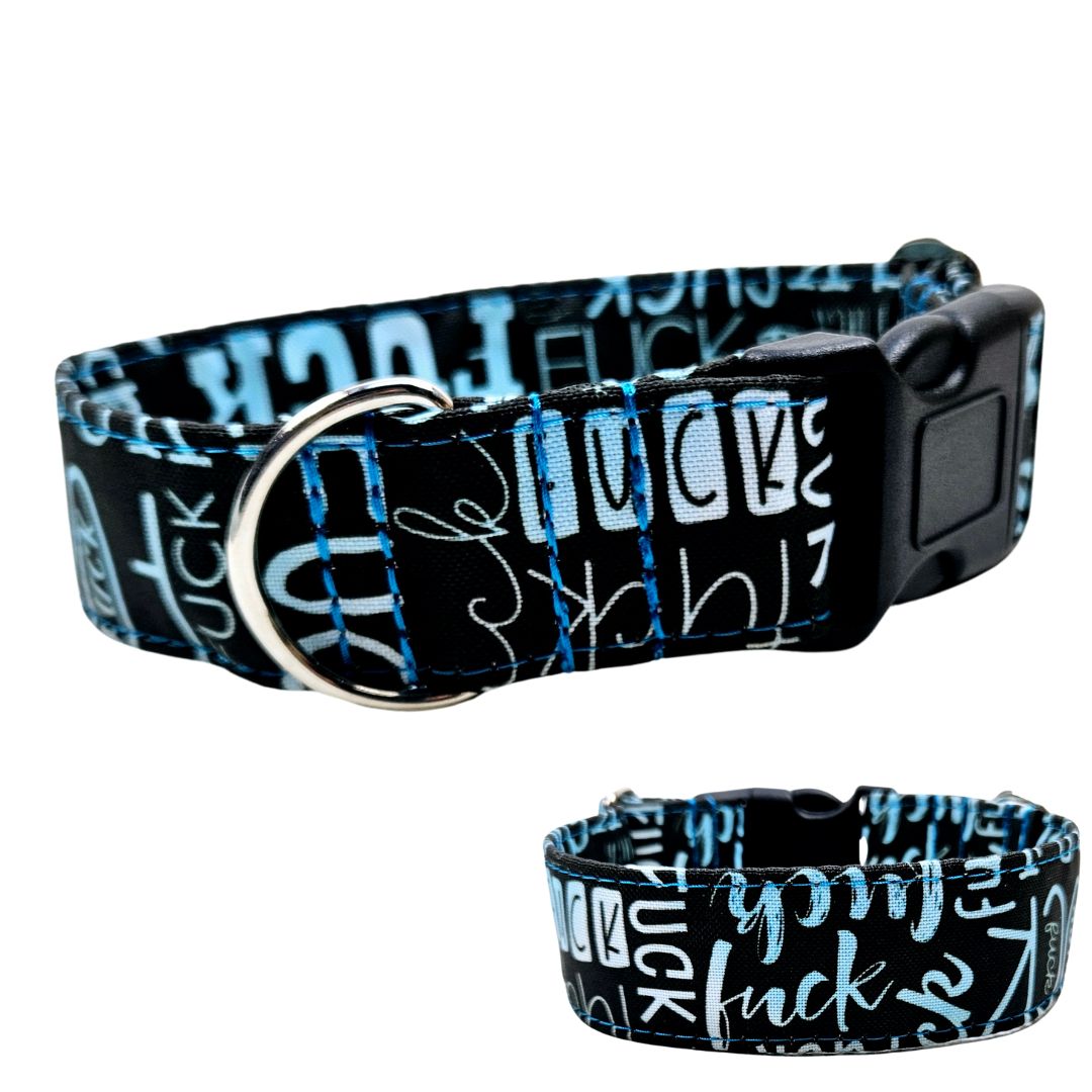 Hundehalsband mit Klickverschluss aus schwarzem Acetal aus wasserabweisendem Outdoorstoff mit Fuck Türkis Design und silbernen Beschlägen nach Maß von Angy's DogDesign