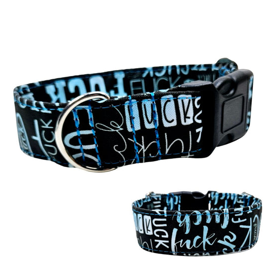 Hundehalsband mit Klickverschluss aus schwarzem Acetal aus wasserabweisendem Outdoorstoff mit Fuck Türkis Design und silbernen Beschlägen nach Maß von Angy's DogDesign