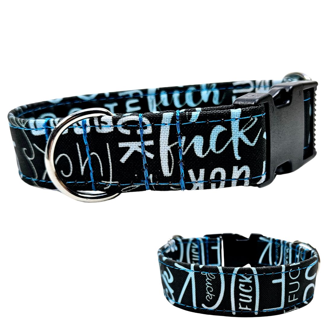Hundehalsband mit Klickverschluss aus schwarzem Acetal aus wasserabweisendem Outdoorstoff mit Fuck Türkis Design und silbernen Beschlägen nach Maß von Angy's DogDesign